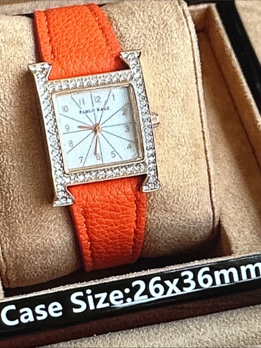 Women's Orange Leather Crystal-Trim Watch